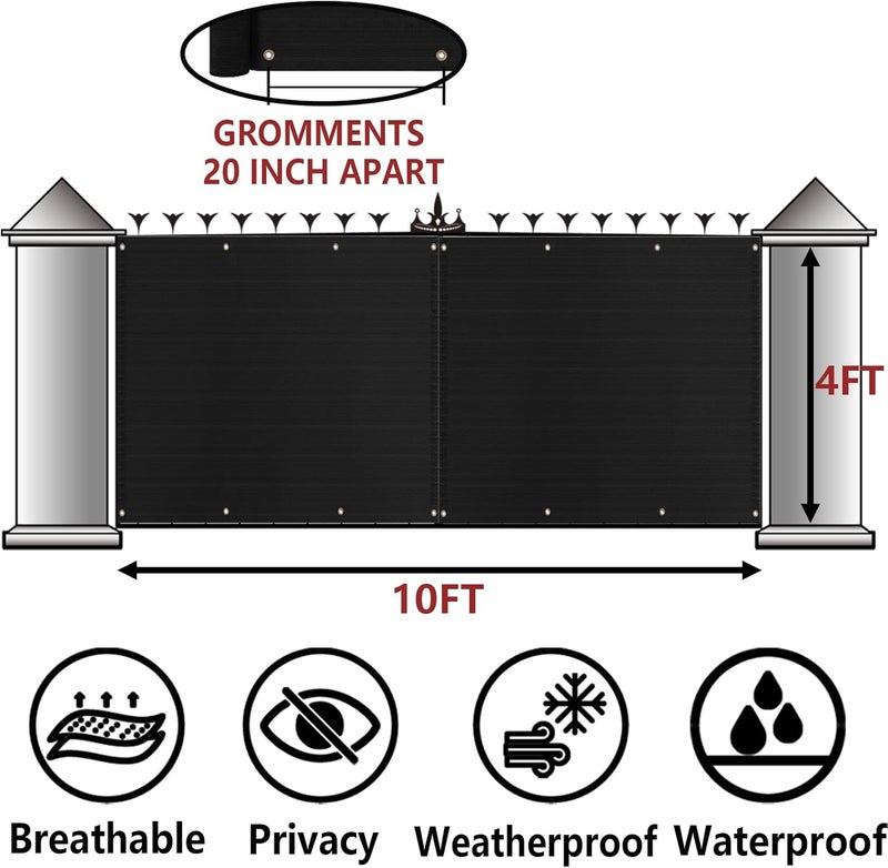 POYEE 4'×10' Black Balcony Privacy Screen Fence Cover UV Protection Weather Resistant Waterproof Shade Cloth for Outdoor Patio Apartment Backyard Porch Deck Railing with Zip Ties - Image 2